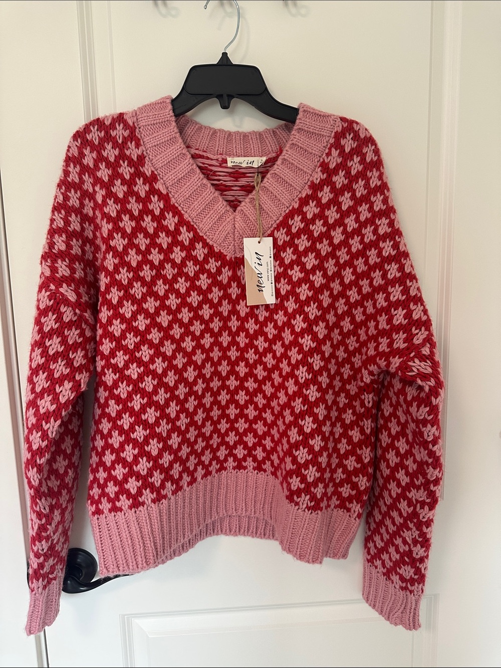 V-Neck Pink & Red Patterned Sweater